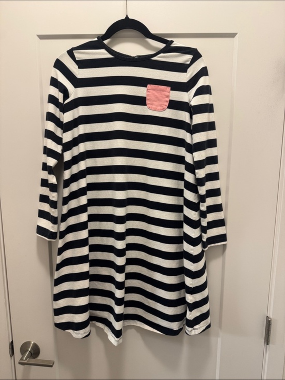Hanna Andersson Black & White Striped Dress with Pink Pocket and Bow. 12-14.